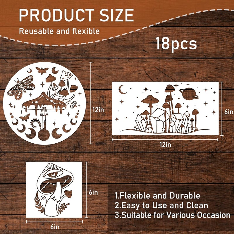 Keluna Mushroom Stencils for Painting, 18 Pcs Bohemian Art Craft, 12 Inch Large Reusable Crescent Moon Phase Drawing Template for Wood Wall Canvas Home Decor - Image 3
